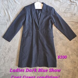 Dark Blue Women's Long Coat - Classic Single-Button Jacket
